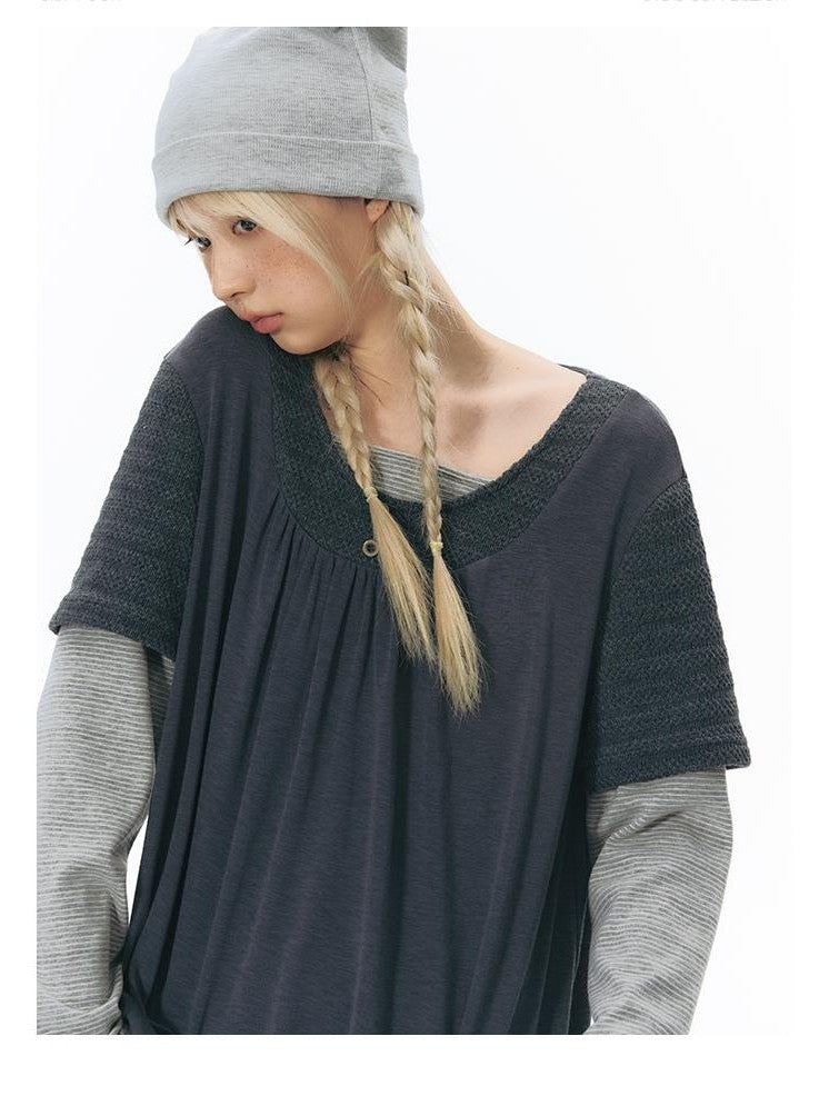 NAPSNAPS Vintage Spliced Faux Layered Round Neck Women&