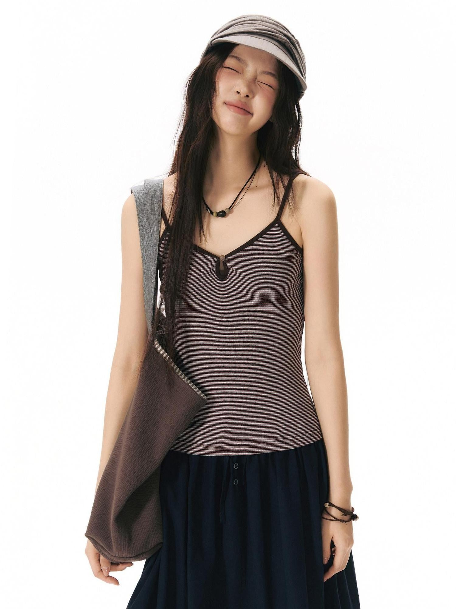NAPSNAPS Vintage Striped V-neck Slim Fit Stretch Knit Women&