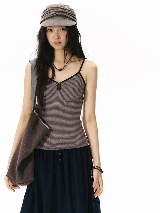 NAPSNAPS Vintage Striped V-neck Slim Fit Stretch Knit Women&