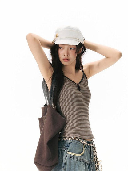 NAPSNAPS Vintage Striped V-neck Slim Fit Stretch Knit Women&