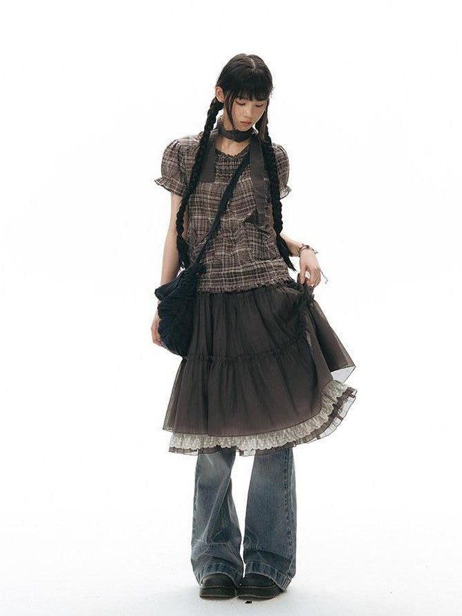 NAPSNAPS Vintage Textured Pleated Patchwork A Line Women&