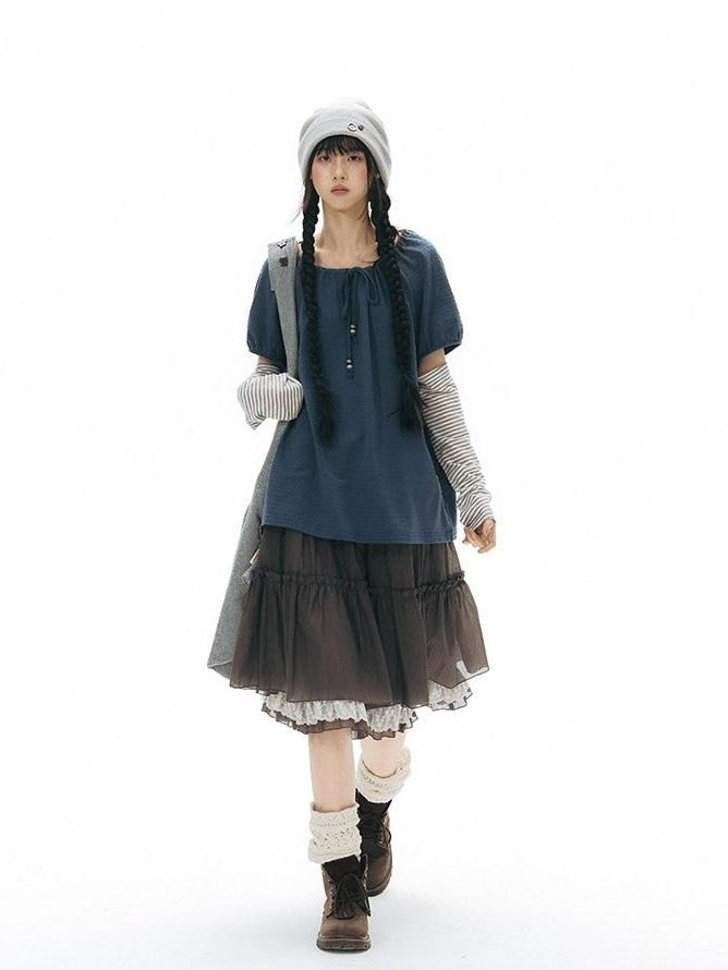 NAPSNAPS Vintage Textured Pleated Patchwork A Line Women&