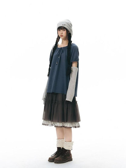 NAPSNAPS Vintage Textured Pleated Patchwork A Line Women&