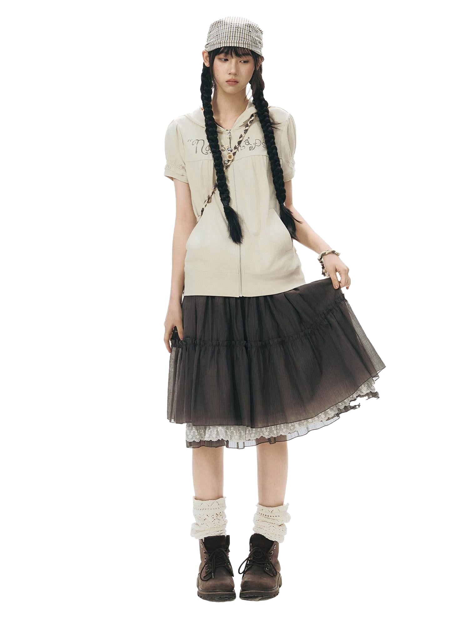 NAPSNAPS Vintage Textured Pleated Patchwork A Line Women&