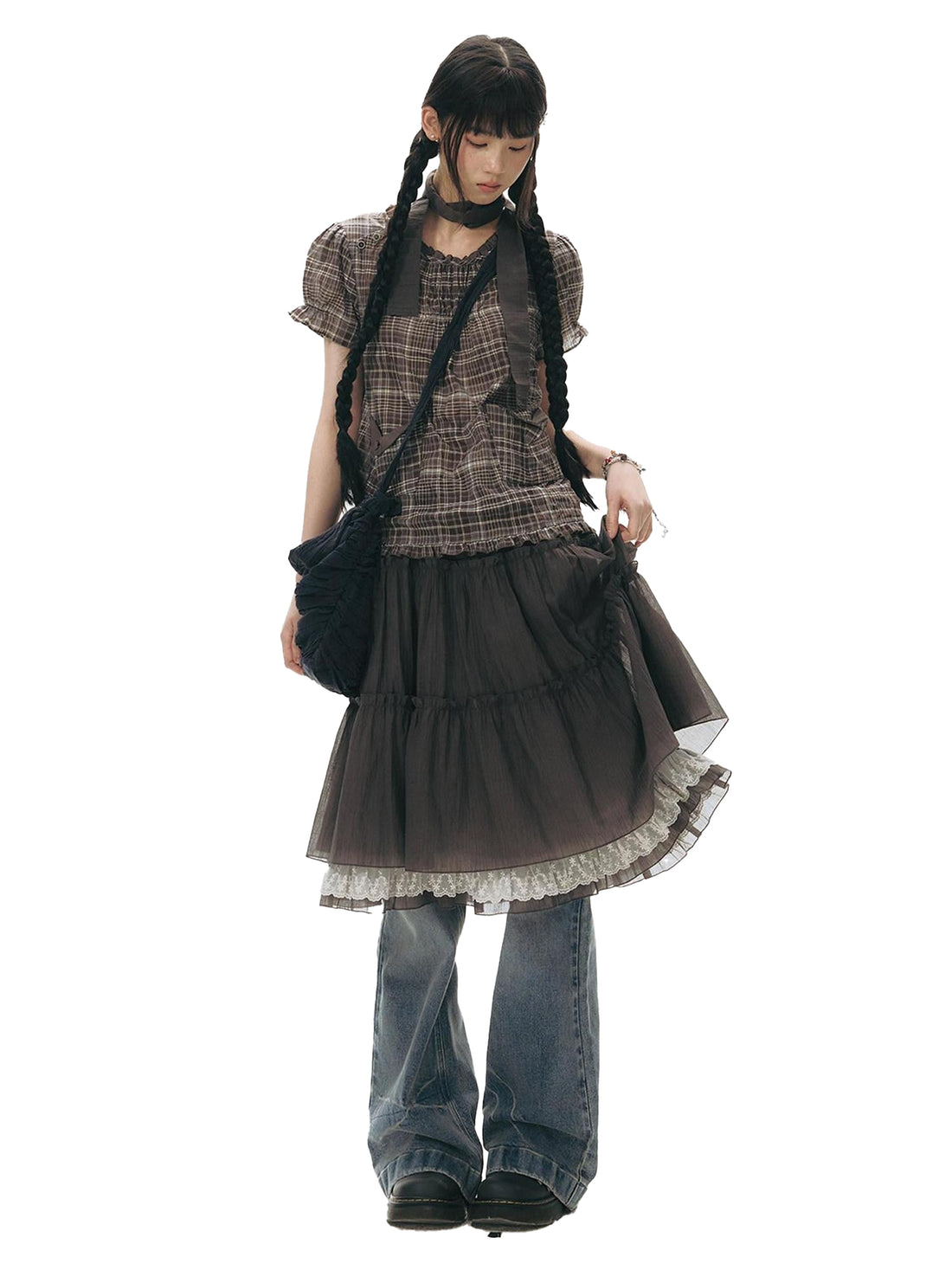 NAPSNAPS Vintage Textured Pleated Patchwork A Line Women&