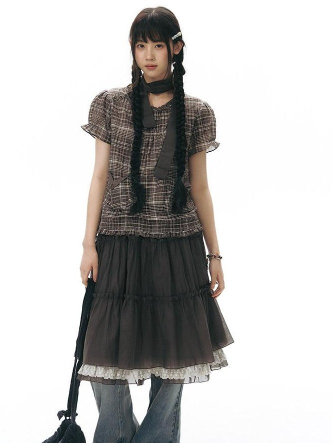NAPSNAPS Vintage Textured Pleated Patchwork A Line Women&