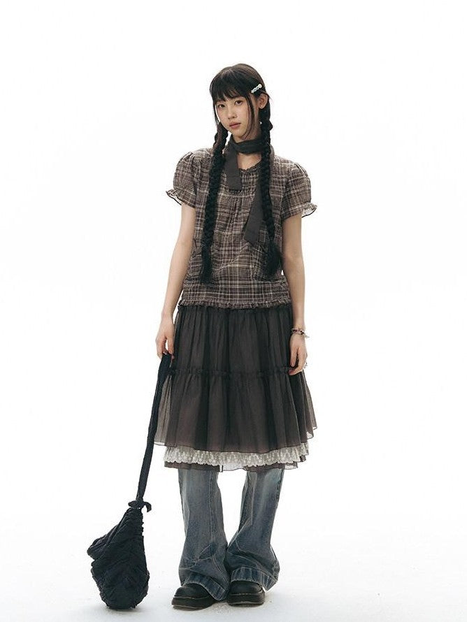 NAPSNAPS Vintage Textured Pleated Patchwork A Line Women&