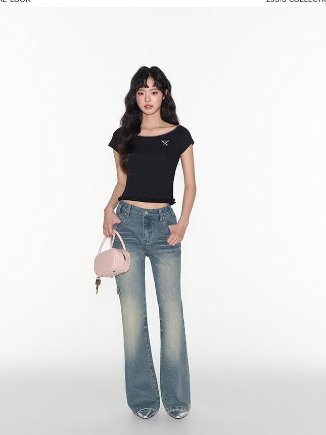 NAPSNAPS Vintage Washed Distressed Low Rise Zipper Women&