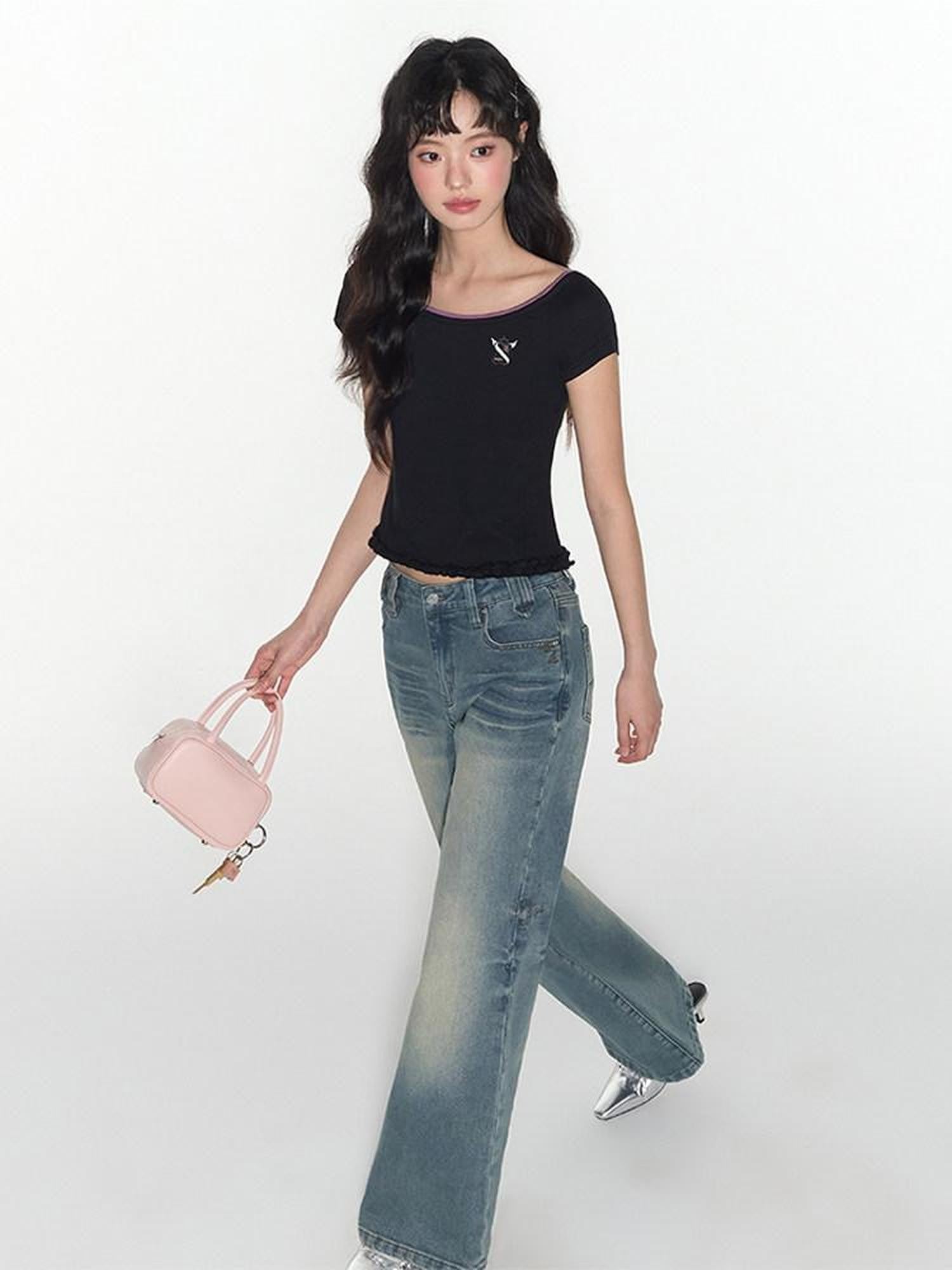 NAPSNAPS Vintage Washed Distressed Low Rise Zipper Women&