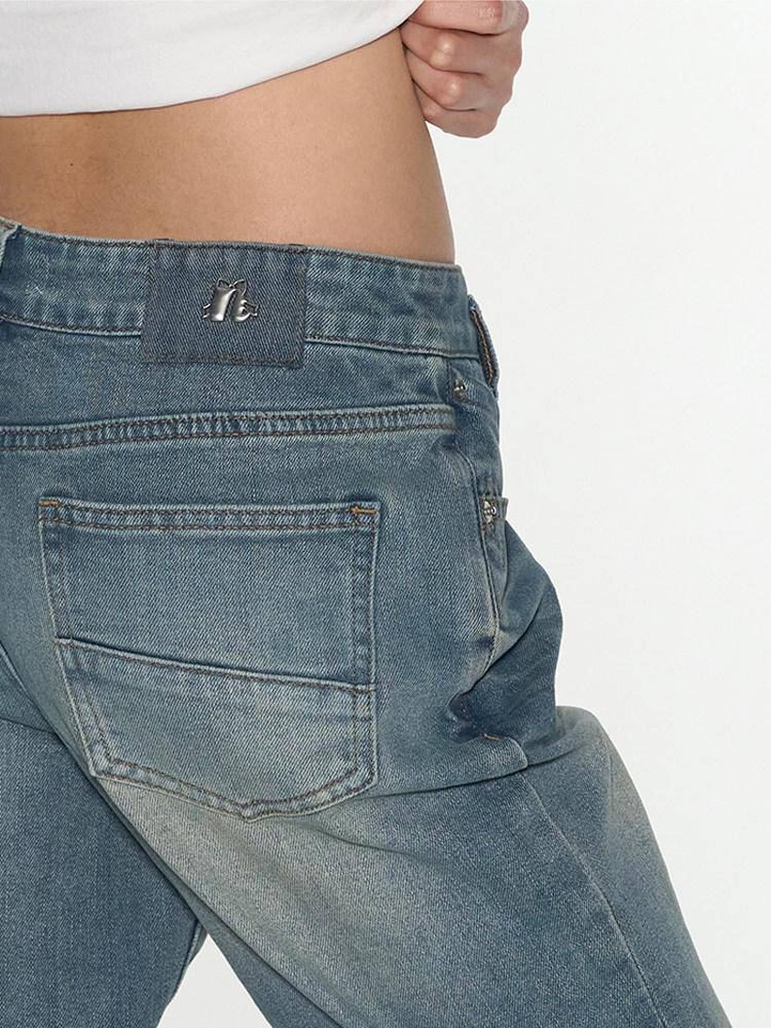 NAPSNAPS Vintage Washed Distressed Low Rise Zipper Women&