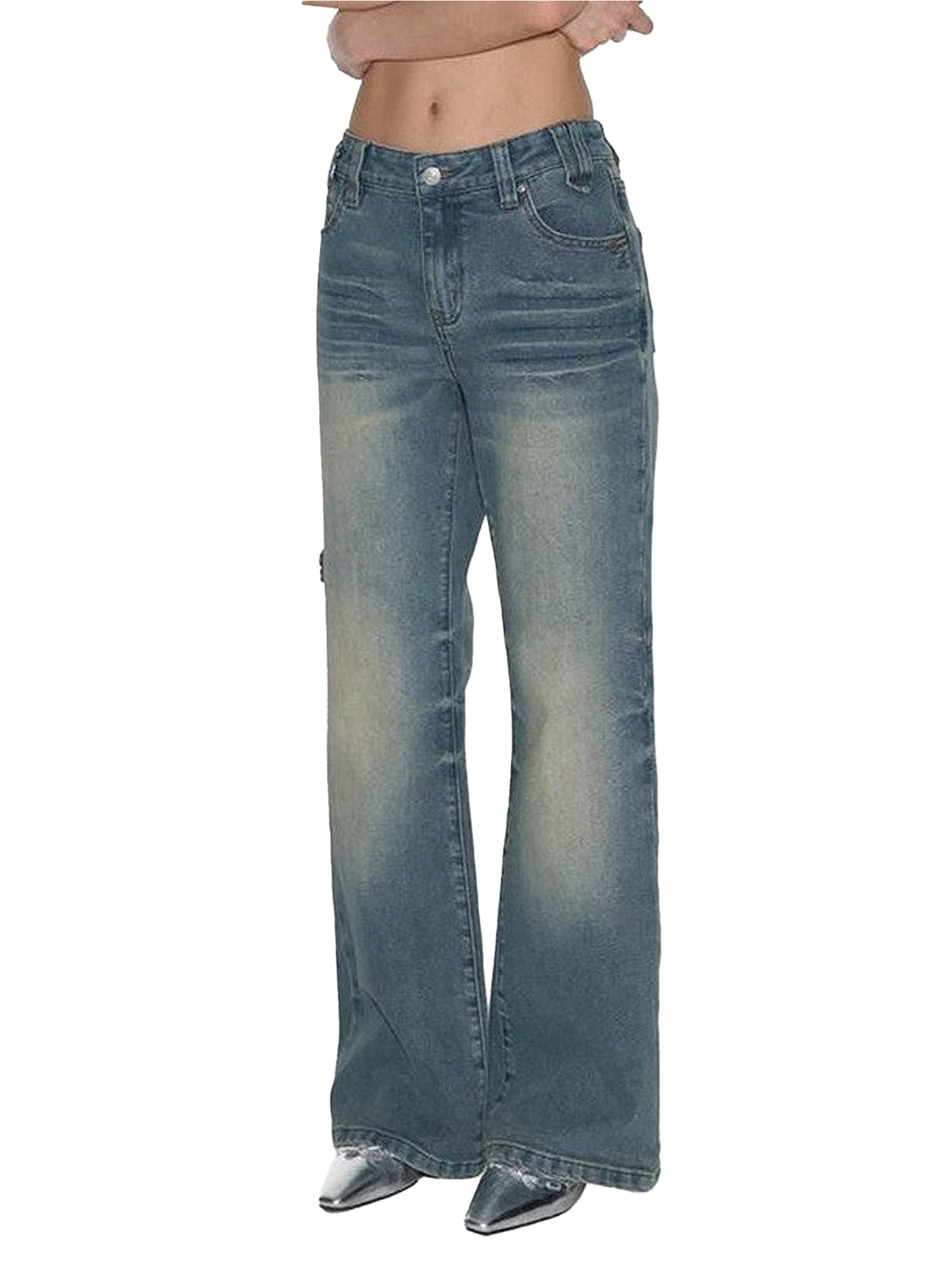 NAPSNAPS Vintage Washed Distressed Low Rise Zipper Women&