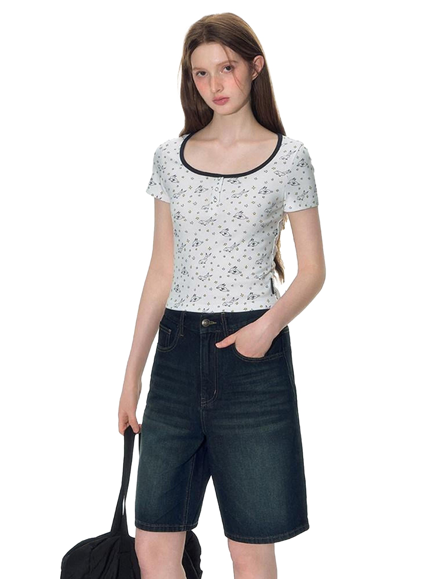 NAPSNAPS Washed Blue Bow Print Wide Leg Zipper Fly Pockets Women&