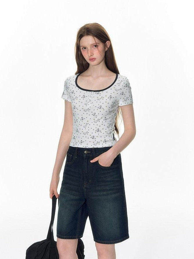 NAPSNAPS Washed Blue Bow Print Wide Leg Zipper Fly Pockets Women&