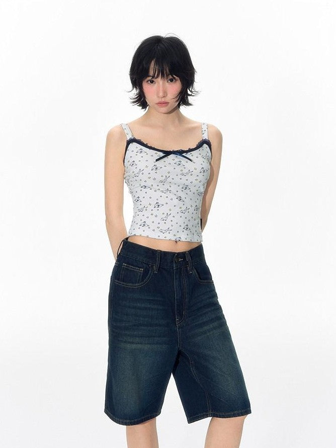NAPSNAPS Washed Blue Bow Print Wide Leg Zipper Fly Pockets Women&