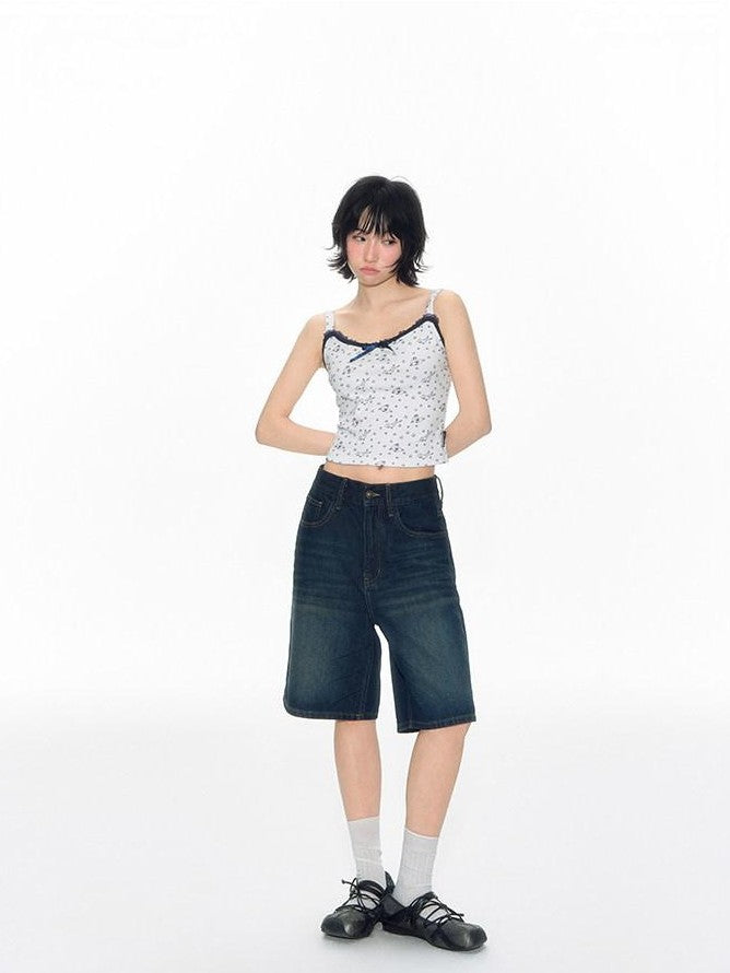 NAPSNAPS Washed Blue Bow Print Wide Leg Zipper Fly Pockets Women&
