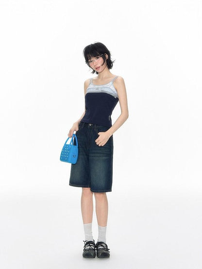 NAPSNAPS Washed Blue Bow Print Wide Leg Zipper Fly Pockets Women&
