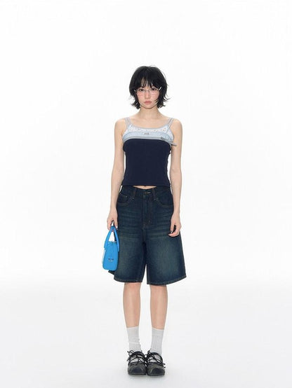 NAPSNAPS Washed Blue Bow Print Wide Leg Zipper Fly Pockets Women&