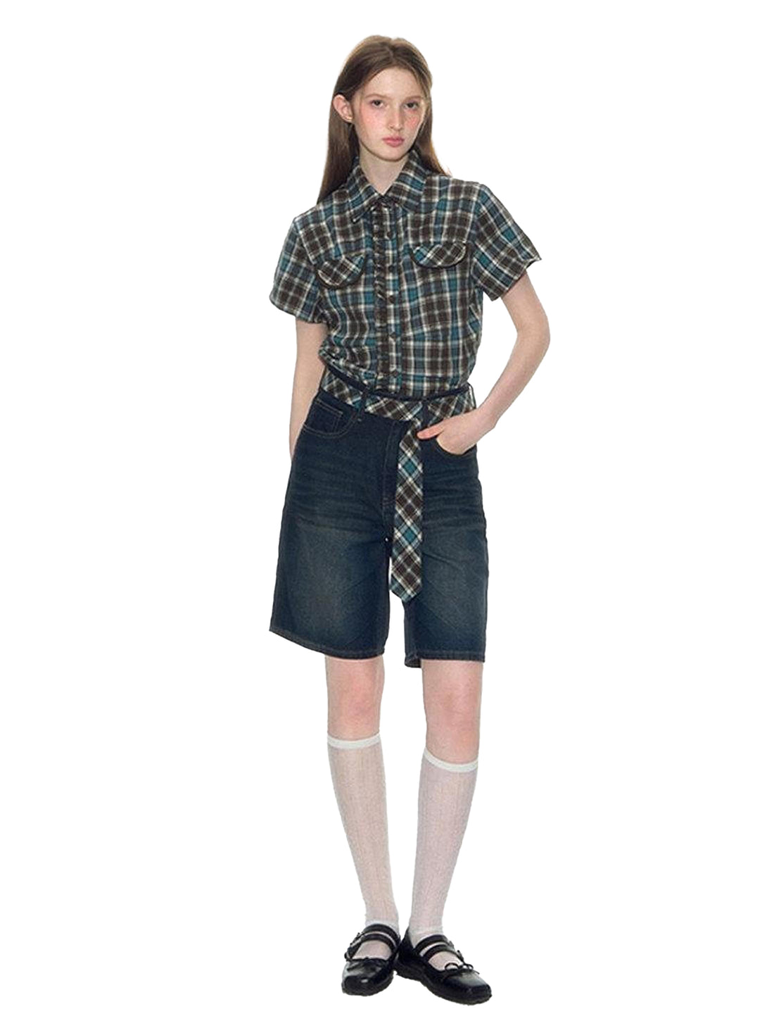 NAPSNAPS Washed Blue Bow Print Wide Leg Zipper Fly Pockets Women&