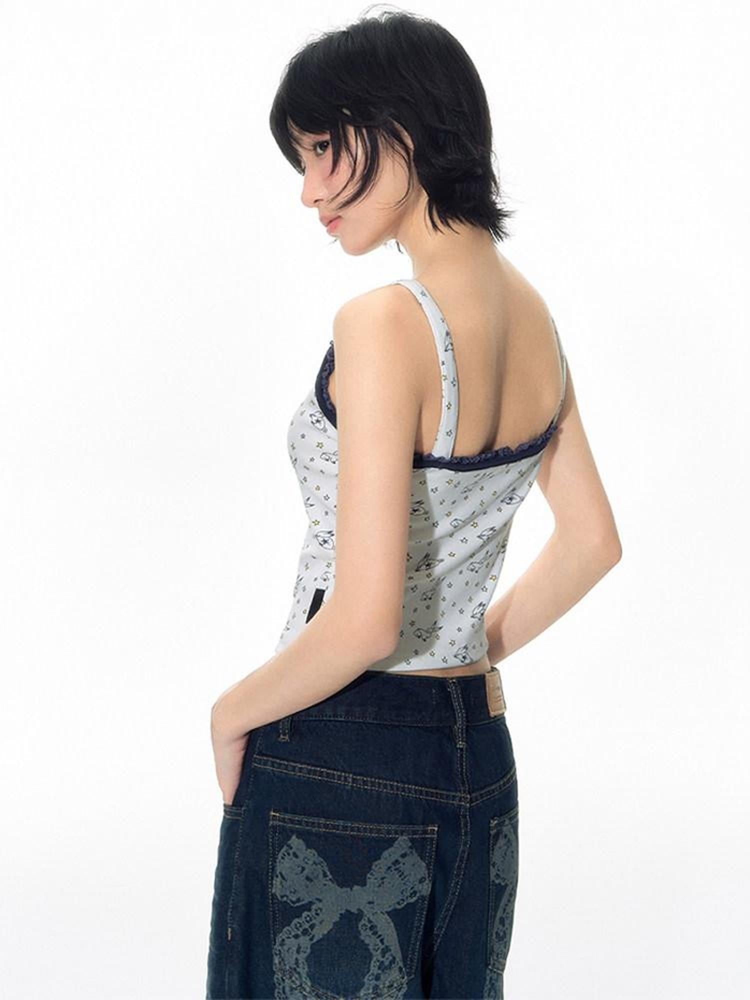 NAPSNAPS Washed Blue Bow Print Wide Leg Zipper Fly Pockets Women&