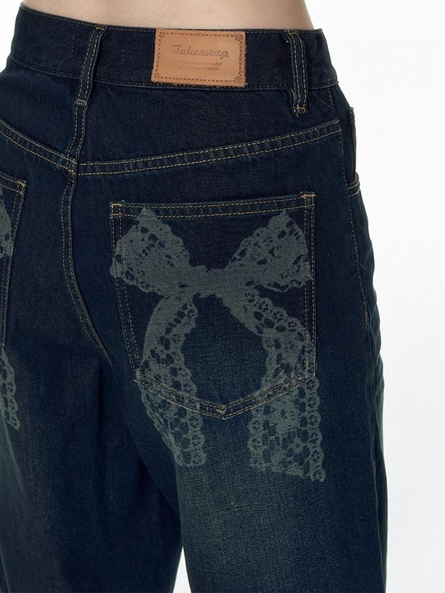 NAPSNAPS Washed Blue Bow Print Wide Leg Zipper Fly Pockets Women&