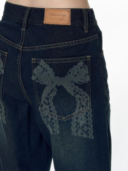NAPSNAPS Washed Blue Bow Print Wide Leg Zipper Fly Pockets Women&