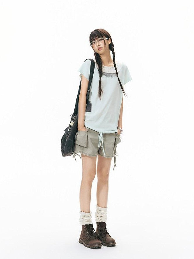 NAPSNAPS Washed Denim 3d Pocket Drawstring Low Waist Straight Women&