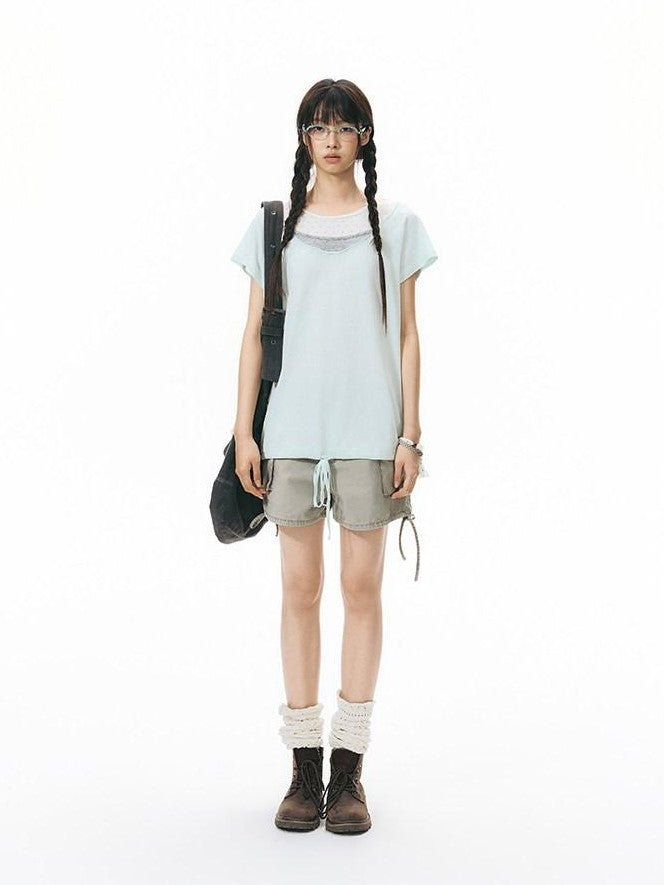 NAPSNAPS Washed Denim 3d Pocket Drawstring Low Waist Straight Women&