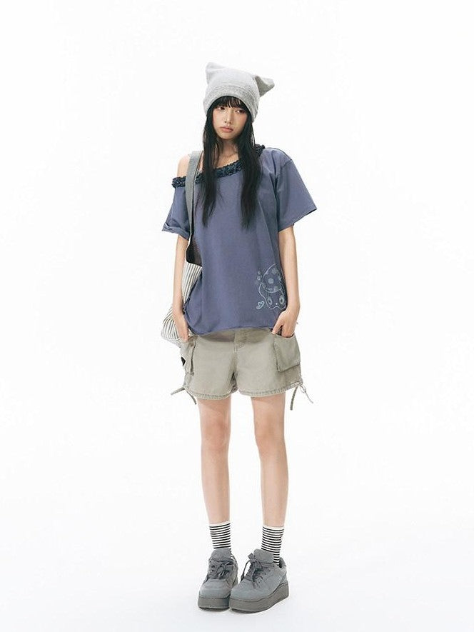 NAPSNAPS Washed Denim 3d Pocket Drawstring Low Waist Straight Women&