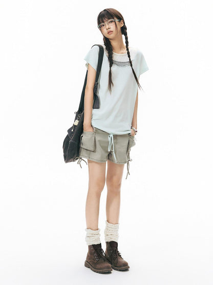 NAPSNAPS Washed Denim 3d Pocket Drawstring Low Waist Straight Women&