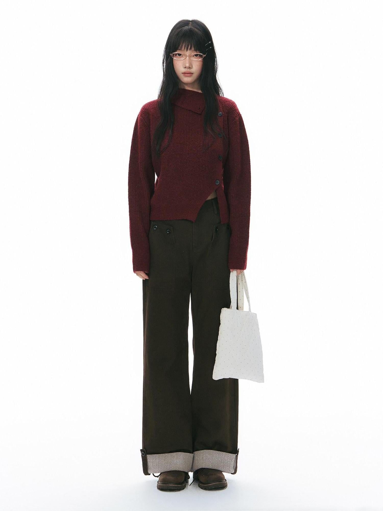 NAPSNAPS Washed Panel Rolled Cuff Button Knitted Hem Women&