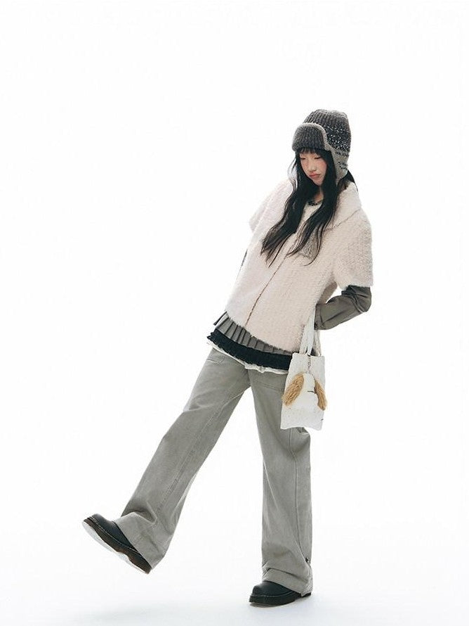 NAPSNAPS Washed Panel Rolled Cuff Button Knitted Hem Women&
