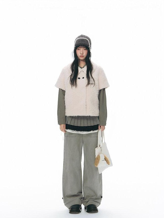 NAPSNAPS Washed Panel Rolled Cuff Button Knitted Hem Women&
