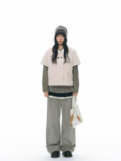NAPSNAPS Washed Panel Rolled Cuff Button Knitted Hem Women&