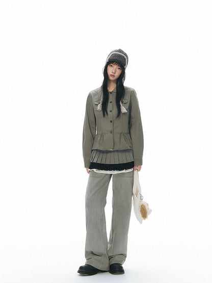 NAPSNAPS Washed Panel Rolled Cuff Button Knitted Hem Women&