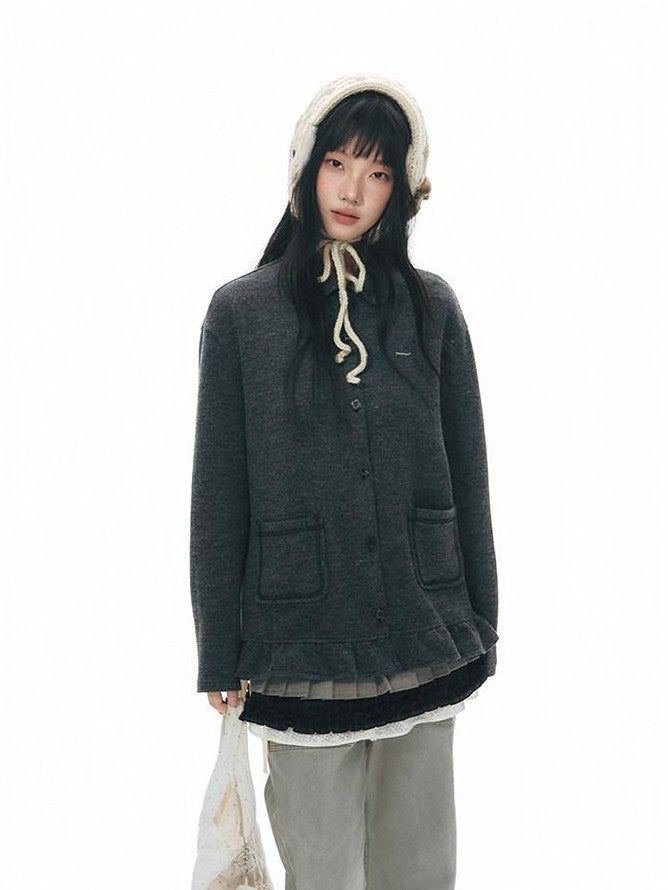 NAPSNAPS Washed Panel Rolled Cuff Button Knitted Hem Women&