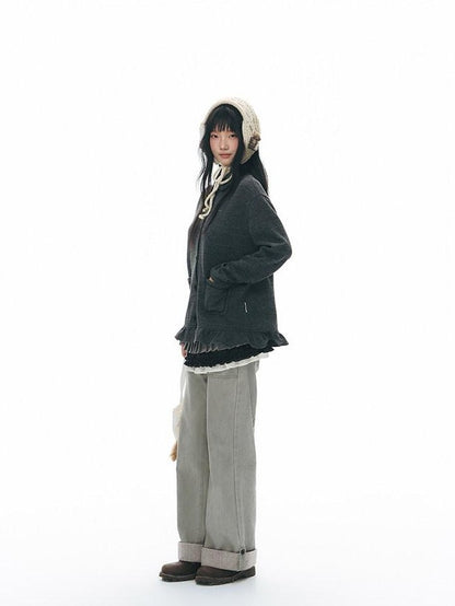 NAPSNAPS Washed Panel Rolled Cuff Button Knitted Hem Women&