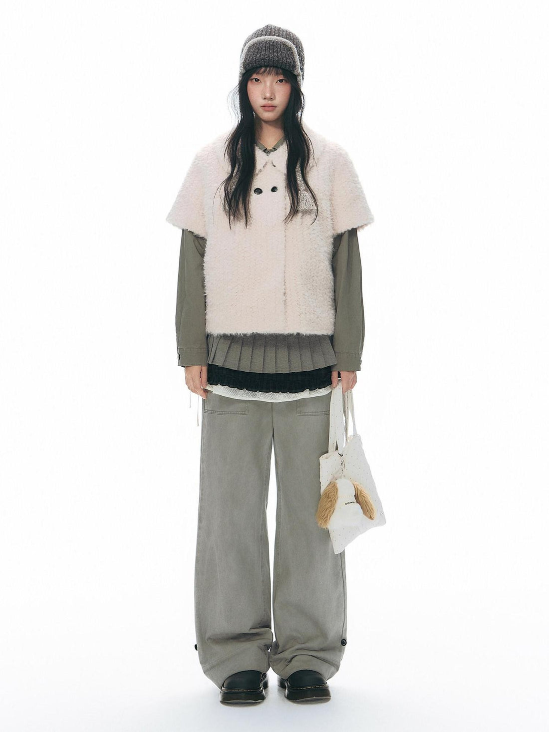 NAPSNAPS Washed Panel Rolled Cuff Button Knitted Hem Women&