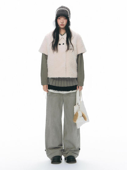 NAPSNAPS Washed Panel Rolled Cuff Button Knitted Hem Women&