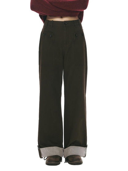 NAPSNAPS Washed Panel Rolled Cuff Button Knitted Hem Women&
