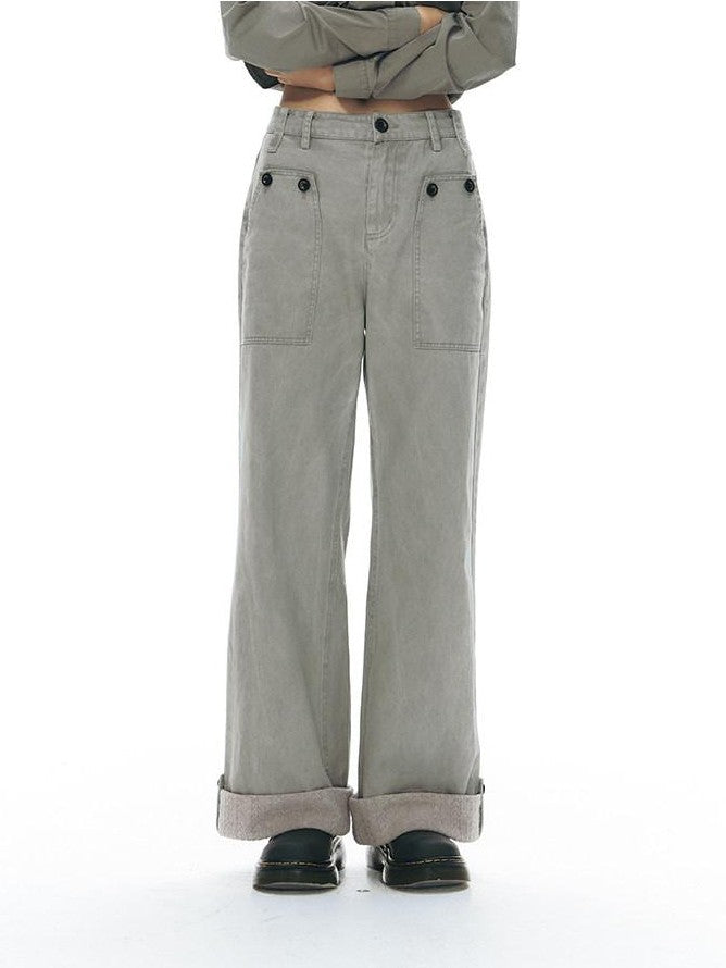 NAPSNAPS Washed Panel Rolled Cuff Button Knitted Hem Women&