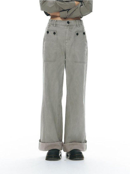 NAPSNAPS Washed Panel Rolled Cuff Button Knitted Hem Women&