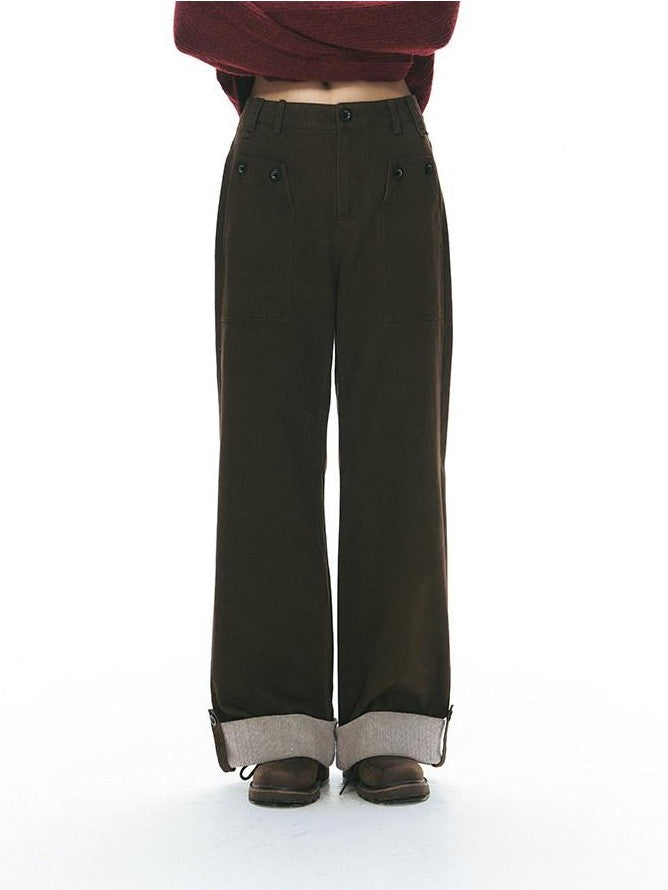 NAPSNAPS Washed Panel Rolled Cuff Button Knitted Hem Women&