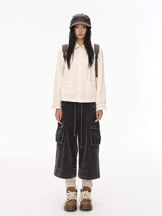 NAPSNAPS Washed Rolled Hem Wide Leg Corduroy Women&