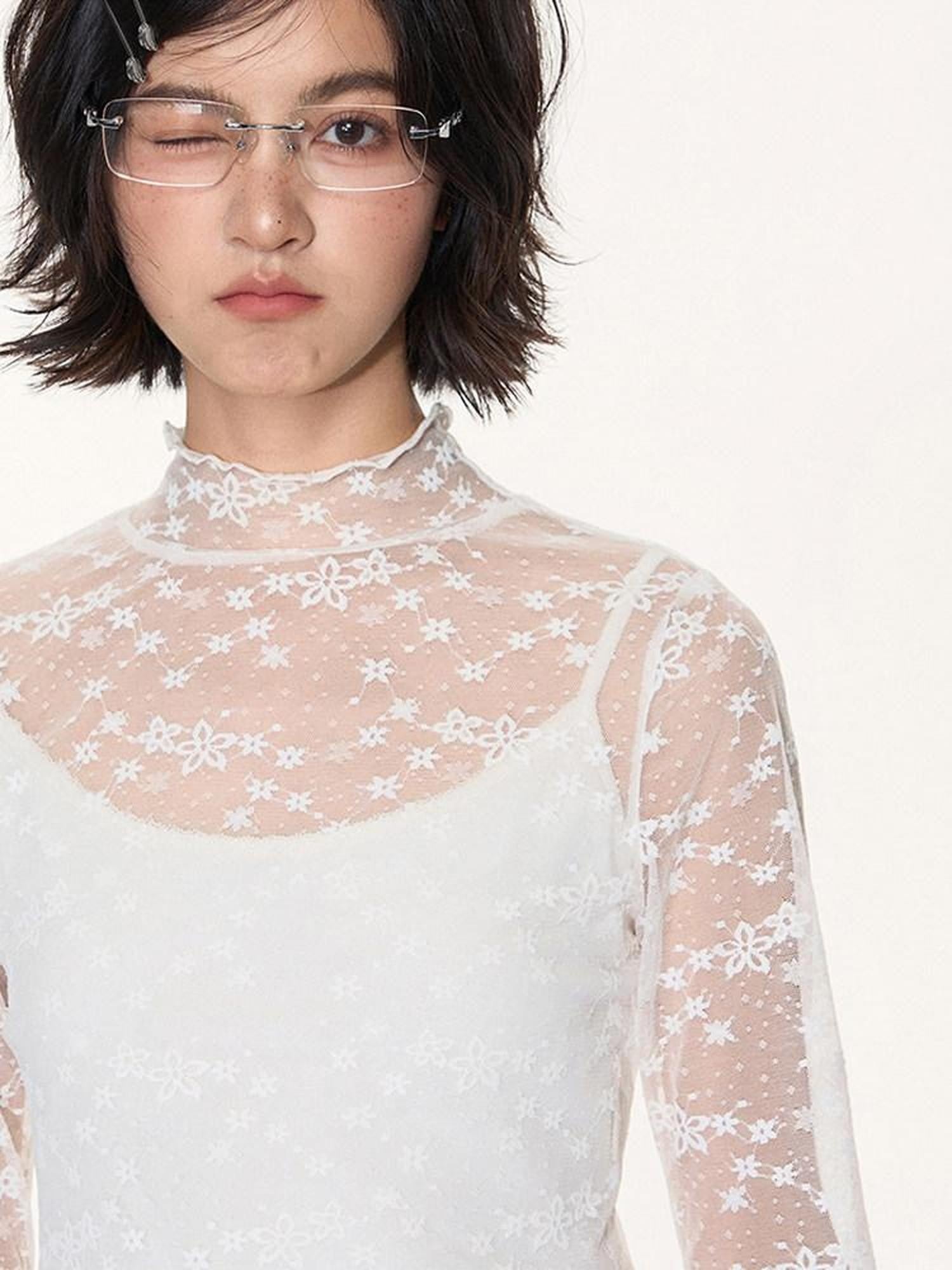 NAPSNAPS White Lace Spliced Stand Collar Slim Women&