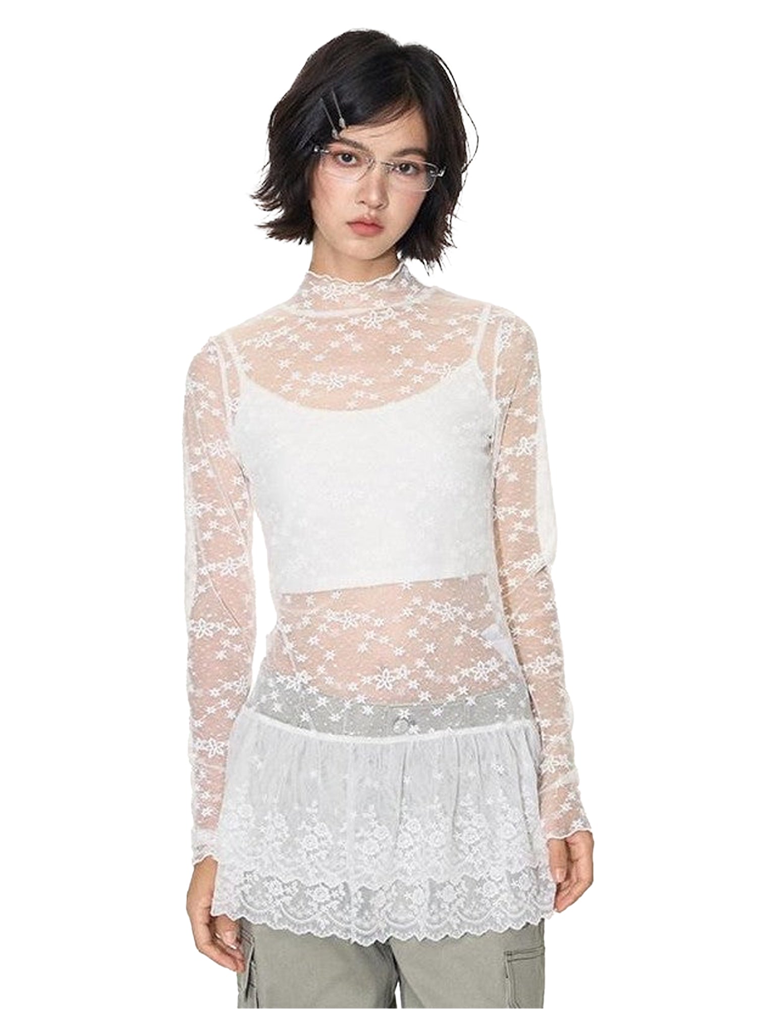 NAPSNAPS White Lace Spliced Stand Collar Slim Women&