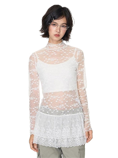NAPSNAPS White Lace Spliced Stand Collar Slim Women&
