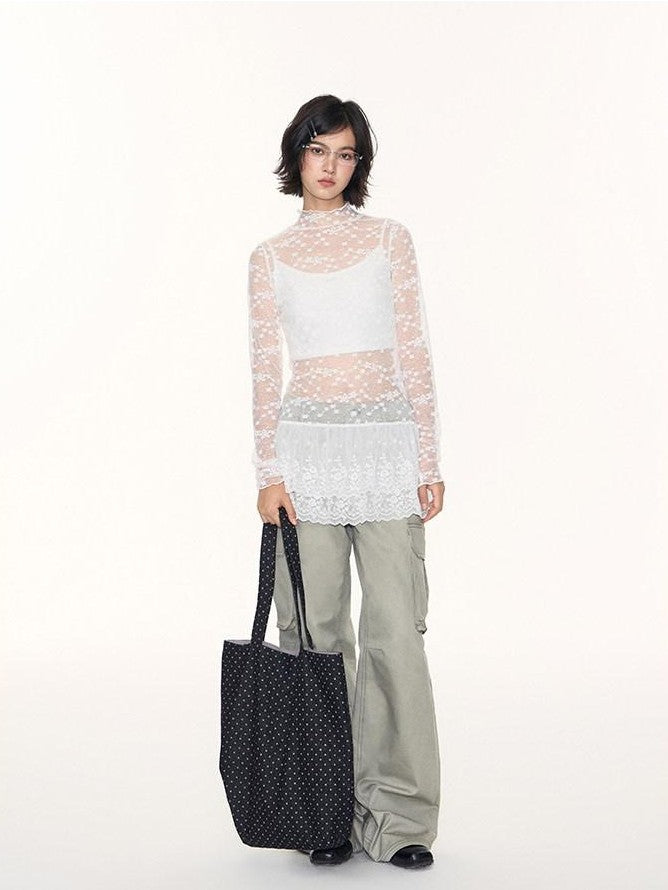NAPSNAPS White Lace Spliced Stand Collar Slim Women&