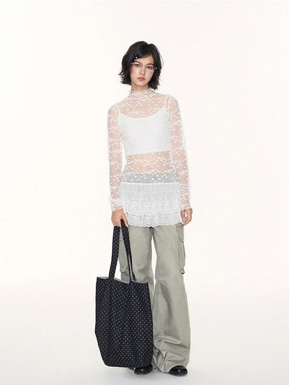 NAPSNAPS White Lace Spliced Stand Collar Slim Women&