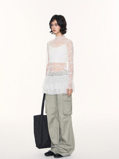 NAPSNAPS White Lace Spliced Stand Collar Slim Women&