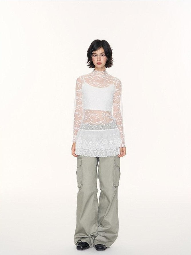 NAPSNAPS White Lace Spliced Stand Collar Slim Women&